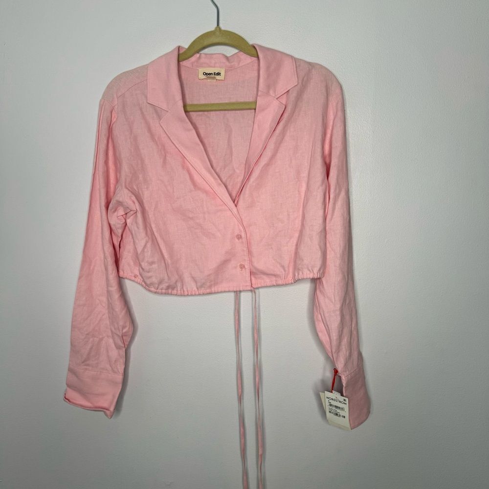 Open Edit cropped button down pink shirt size small